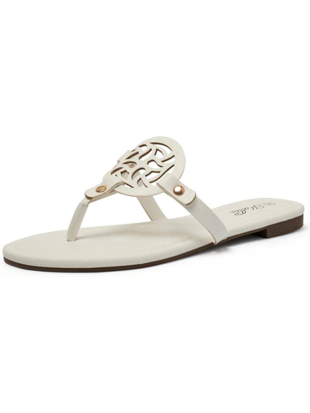 🆕Women's White Flat Sandals Dressy Flip Flops Hollow Cutout Medallion Thong